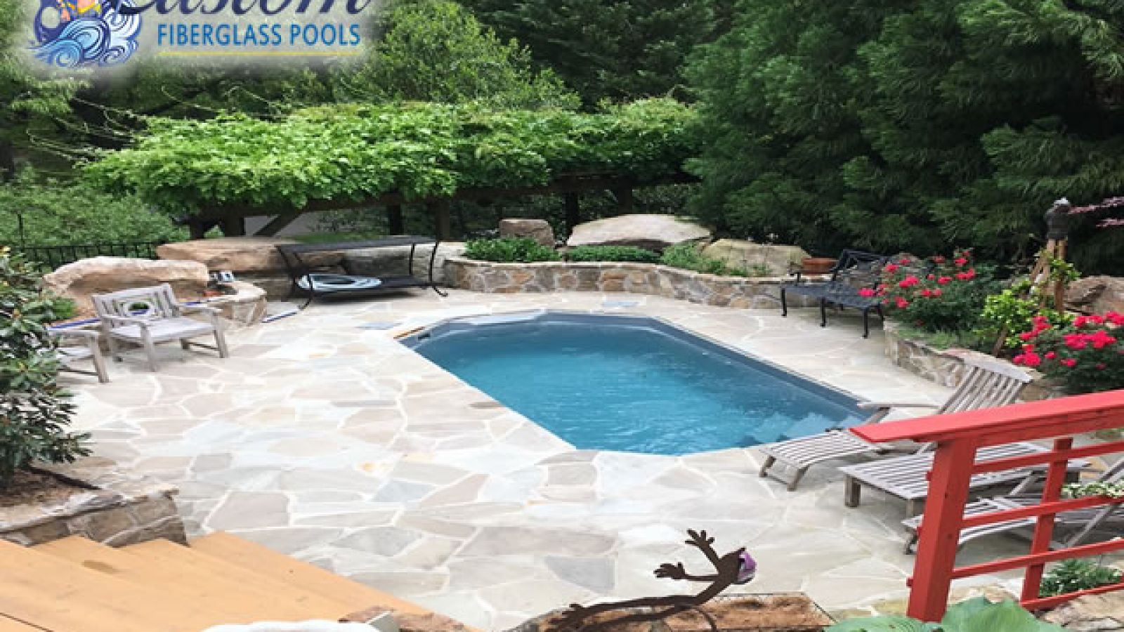 Coral Reef Fiberglass Pool – A Touch of Ancient Greece in Modern Times Coral Reef Fiberglass Pool with Grecian design at AR Pools, Clarksville TN
