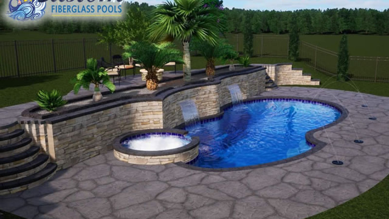 Cancun Freeform Fiberglass Pool, a unique and playful addition to a Clarksville, TN backyard