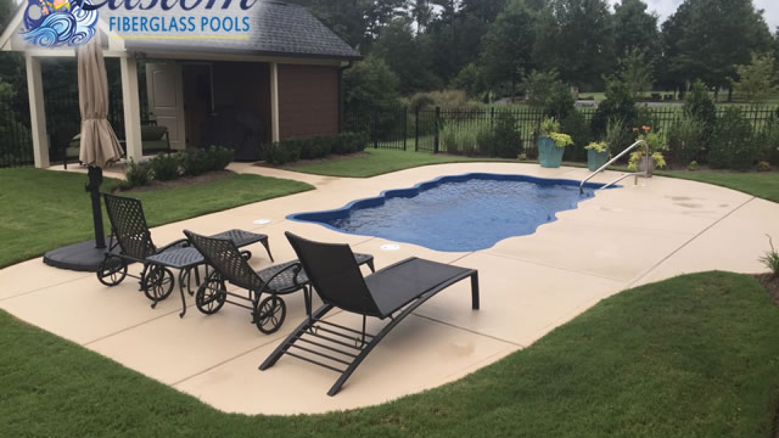 Tybee Fiberglass Pool – A Touch of Nature's Elegance Tybee Fiberglass Pool in a serene garden setting at AR Pools, Clarksville TN